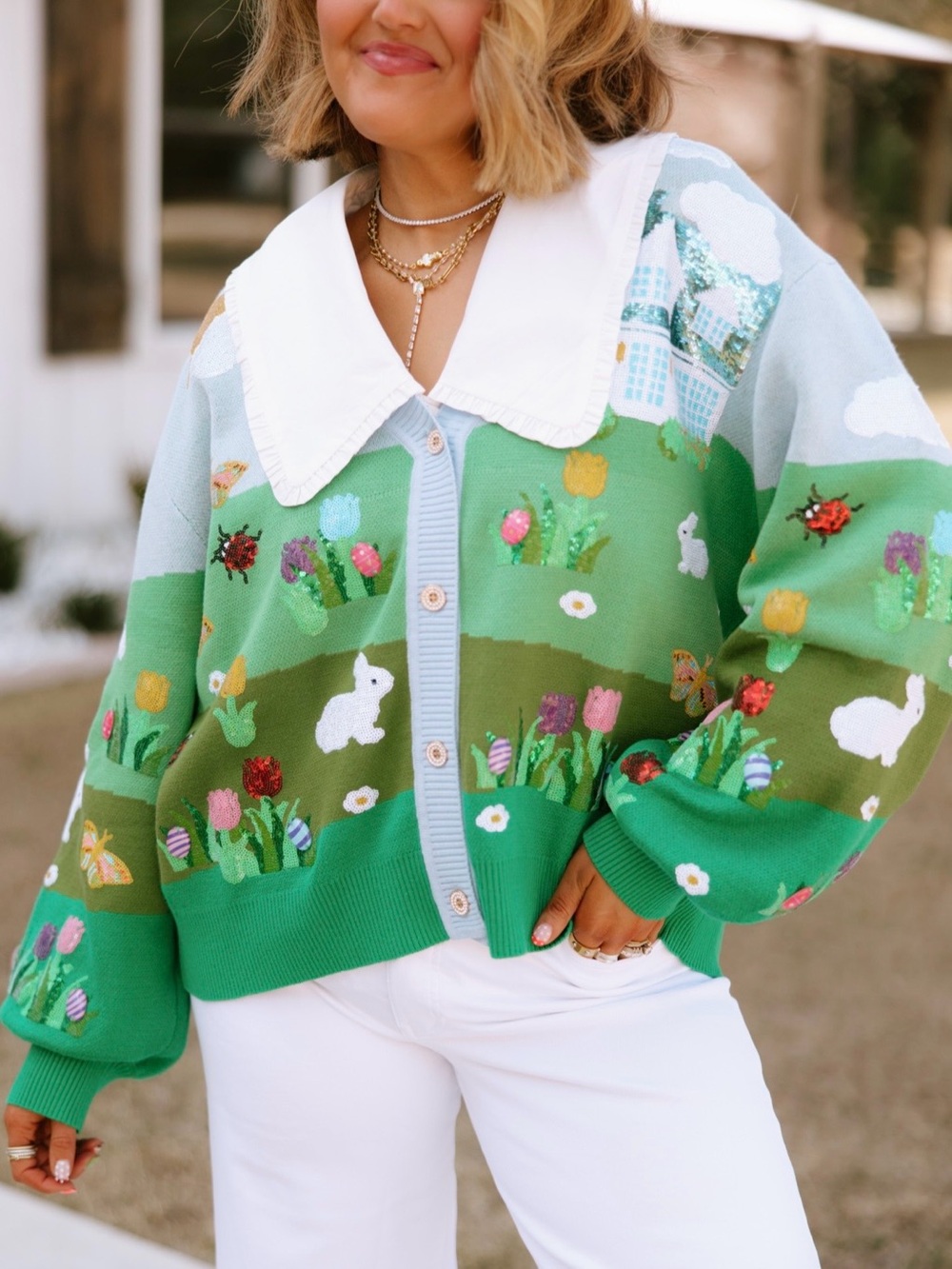 new QUEEN OF SPARKLES Light Blue & Green Embroidered Sequined Spring Cardigan